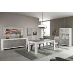 Denae - ensemble sjour complet blanc et gris marbr table 190cm + buffet + vitrine leds