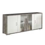 Denys - buffet 4 portes laqué blanc et effet bois taupe avec led Denys - buffet 4 portes laqué blanc et effet bois taupe avec led