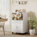 Desserte billot meuble micro - ondes blanc avec tagre 2 portes et tiroir sur roulettes - rangement ...