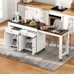 Desserte de cuisine 112?180 cm blanc & bois fonc� - �lot de cuisine mobile avec table de repas extensible ...