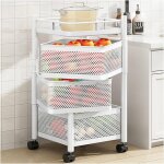 Desserte de cuisine � roulettes � 3 niveaux - chariot carr� en m�tal - panier tournant carr� - blanc ...