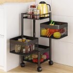 Desserte de cuisine � roulettes � 3 niveaux - chariot carr� en m�tal - panier tournant carr� - noir - ...