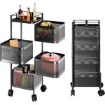 Desserte de cuisine � roulettes � 4 niveaux - chariot carr� en m�tal - panier tournant carr� - noir - ...