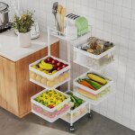 Desserte de cuisine � roulettes � 5 niveaux - chariot carr� en m�tal - panier tournant carr� - blanc ...