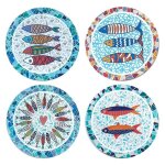 Dessous de plat set de 4 rond 20cm en c�ramique d�coration poisson design mosa�que