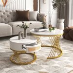 Lot de 2 table basse ronde blanche  motif de marbre mdf + mtal tiroir en rotin plastiquesalon chambre ...