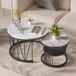 Lot de 2 table basse ronde � motif de marbre mdf + pieds en m�tal noir tables dappoint salon chambre ...