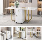 Table de cuisine pliante polyvalente (1 - st) - avec armoire et 2 tiroirs - blanc / dor - mtal