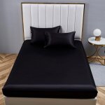 Drap housse 150x200cm satin noir bonnet 30 cm motif drap de lit soie drap - housse 150 x 200cm uni lisse ...