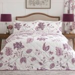 Drapes - couvre - lit floral violet (200 x 230 cm) - damass� prune - couette blanche et violette - prune#200 ...