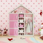Dreamade armoire à vêtements pour enfants portant en forme de maison avec barre 4 Étagères ouvertes avec ... Dreamade armoire à vêtements pour enfants portant en forme de maison avec barre 4 Étagères ouvertes avec ...
