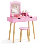 Dreamade ensemble coiffeuse et tabouret enfants table de maquillage avec miroir etag�re de rangement ...