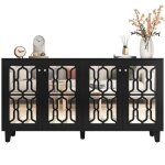 Dripex buffet bas  miroir avec 4 portes contemporain noir laqu brillant pour le salon et la salle  ...
