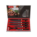 Ecelen ensemble de dcoupe 7 pcs ? lames inox 3cr13 noir antiadhsif ? manche marbre or rose bloc inclus ...