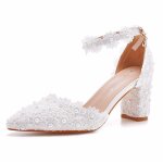 Ecelen escarpins mariage femme ? dentelle blanche & perles ? talon bloc 7. 5cm ? bout pointu ? bride ...