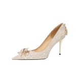Ecelen escarpins mariage femme ? dentelle champagne ? talon fin 6cm ? bout pointu ? dcor fleur en cristal ...