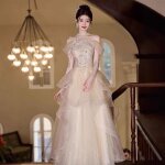 Ecelen robe de soire lgante en tulle champagne?robe longue  bretelles et volants avec dtails brods ...