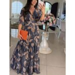 Ecelen - robe de soire longue lgante imprime - col en v - robe de cocktail - bleu marine