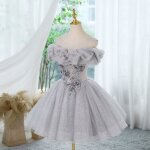 Ecelen robe de soire en tulle gris?robe courte  bretelles avec volants et broderie florale pour mariage ...