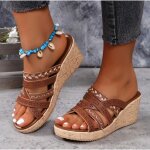 Ecelen sandales compenses femme ? style crois ethnique ? semelle effet lige ? marron