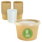 Ecopicnic 50 gobelets � soupe 250?ml avec couvercle pp marron avec rev�tement pe. bols alimentaires jetables ...