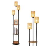 Edishine lampadaire sur pied avec �tag�re 178 cm 3 abat - jours en rotin naturel 3 ampoules e27 led tablette ...