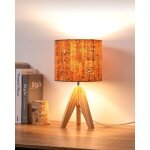 Lampe � poser bois et lin cannelle ampoule led e27 incluse tr�pied vintage