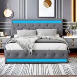 Lit capitonn 180x200 cm avec sommier led et usb 4 tiroirs cadre de lit 180 x 200 en lin gris