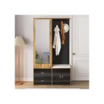 El�gante armoire en bois noir avec miroir �tag�re pour chaussures penderie avec crochets et cintres r�tractabl ...