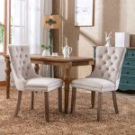 Ensemble 2 chaises salle � manger velours capitonn� bois massif pieds bois garniture clout�e beige haut ...