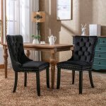 Ensemble 2 chaises salle � manger velours capitonn� bois massif pieds bois garniture clout�e noir haut ...