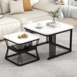 Ensemble de 2 tables basses gigognes carr�es blanc brillant ? plateaux effet marbre & structure m�tallique ...