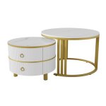 Ensemble 2 tables basses rondes 70x70 / 50x50 cm plateau effet marbre blanc ? mdf et pieds m�tal