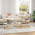 Ensemble de 2 tables � th� ovales dor�es table basse avec plateau en marbre et cadre en m�tal table � ...