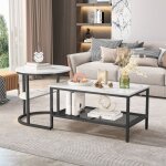 Ensemble de 2 tables � th� rectangulaires noires table basse avec plateau en marbre et cadre en m�tal ...