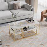 Ensemble de 3 tables basses - tables de salon modulables effet marbre blanc et structure en métal doré ... Ensemble de 3 tables basses - tables de salon modulables effet marbre blanc et structure en métal doré ...