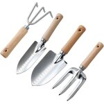 Ensemble de 4 outils de jardin robustes avec manche en bois et tte en acier inoxydable