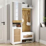 Ensemble armoire avec miroir 5 crochets dor�s porte - manteau mural avec compartiments de rangement et ...