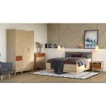 Ensemble chambre noki ? lit 180x200 + armoire 3 portes + commode + 2 chevets ? ch�ne clair et moka style ...