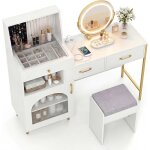 Ensemble de coiffeuse et tabouret costway miroir et �clairage r�glable plateau en verre 3 tiroirs porte ...