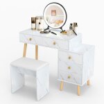 Ensemble coiffeuse et tabouret costway miroir led amovible 3 modes d?�clairage 5 tiroirs finition effet ...
