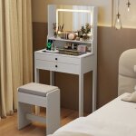 Ensemble coiffeuse et tabouret costway miroir lumi�res � 3 modes d�clairage station de charge 2 tiroirs ...
