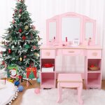 Ensemble coiffeuse et tabouret pour enfants - bureau vanit� rose avec miroir triplet 3 tiroirs et 4 �tag�res ...
