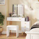 Ensemble coiffeuse et tabouret avec miroir costway lumi�res r�glables 5 tiroirs finition effet marbre ...