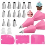 Ensemble de dcoration de gteau rose: 2 poches  douille en silicone rutilisables 14 douilles en acier ...