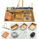 Ensemble d�vier de cuisine int�gr� finition dor�e bross�e design � double cuve acier inoxydable durable ...