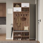 Ensemble de garde - robe - banc - 5 crochets - 2 portes - 6 rangements - naturel et blanc Ensemble de garde - robe - banc - 5 crochets - 2 portes - 6 rangements - naturel et blanc