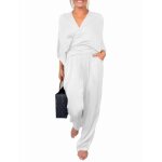 Ensemble haut  manches courtes et pantalon en satin uni ecelen pour femme - blanc