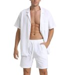 Ensemble homme linen 2 pices - gyroor - chemises bouton lapel manches courtest - shirt et shorts set