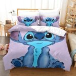 Ensemble housse de couette 3 pices motif imprim lilo et stitch  fermeture clair et 2 taies doreiller ...